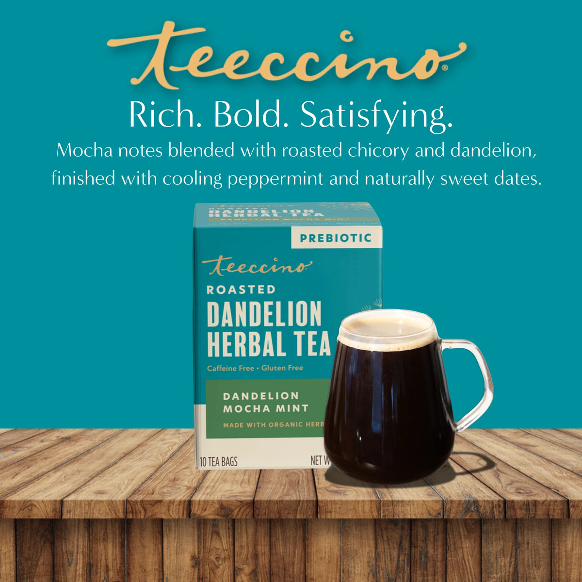 Teecino roasted dandelion herbal tea box with mug of dark brewed tea