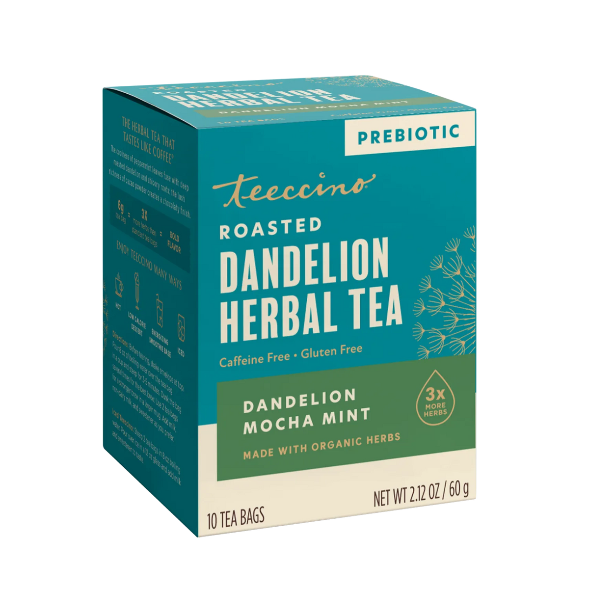 Teecino roasted dandelion herbal tea box, prebiotic label and mocha mint