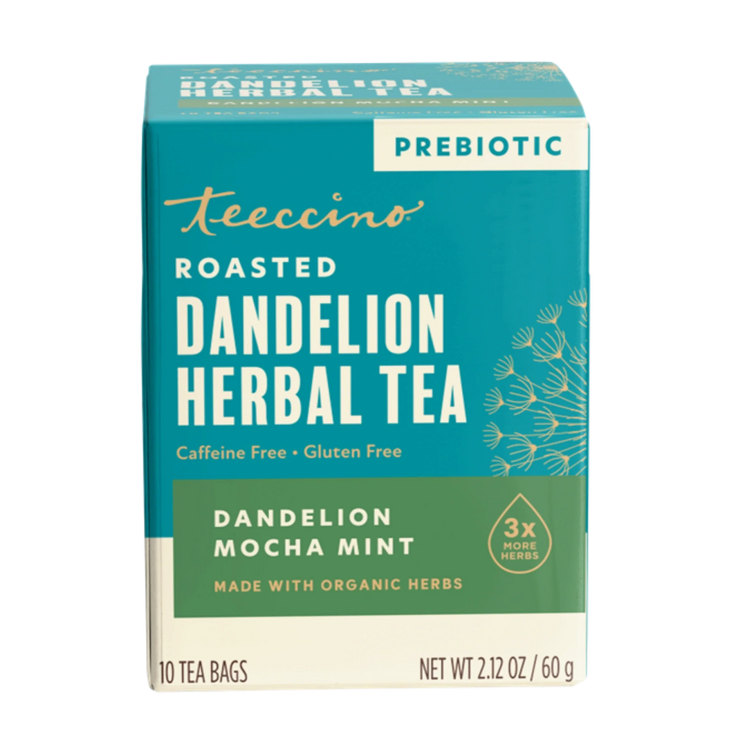 Teecino roasted dandelion herbal tea box, dandelion mocha mint, prebiotic, 10 tea bags