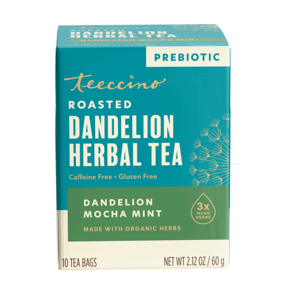 Teecino roasted dandelion herbal tea box, dandelion mocha mint, prebiotic, 10 tea bags