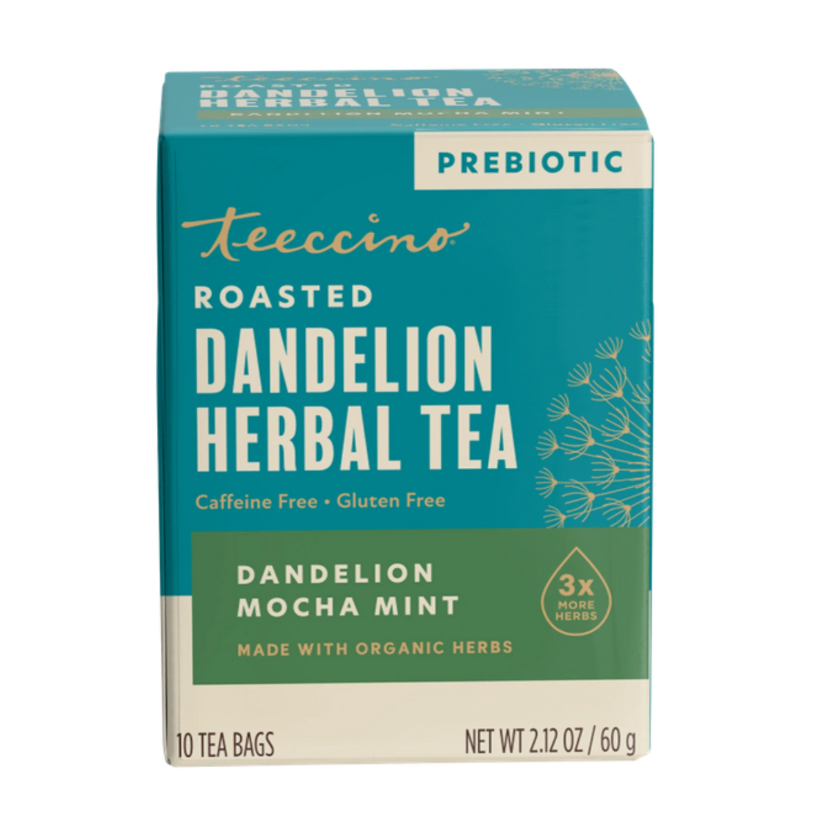 Roasted dandelion herbal tea box with mocha mint; 10 tea bags, prebiotic