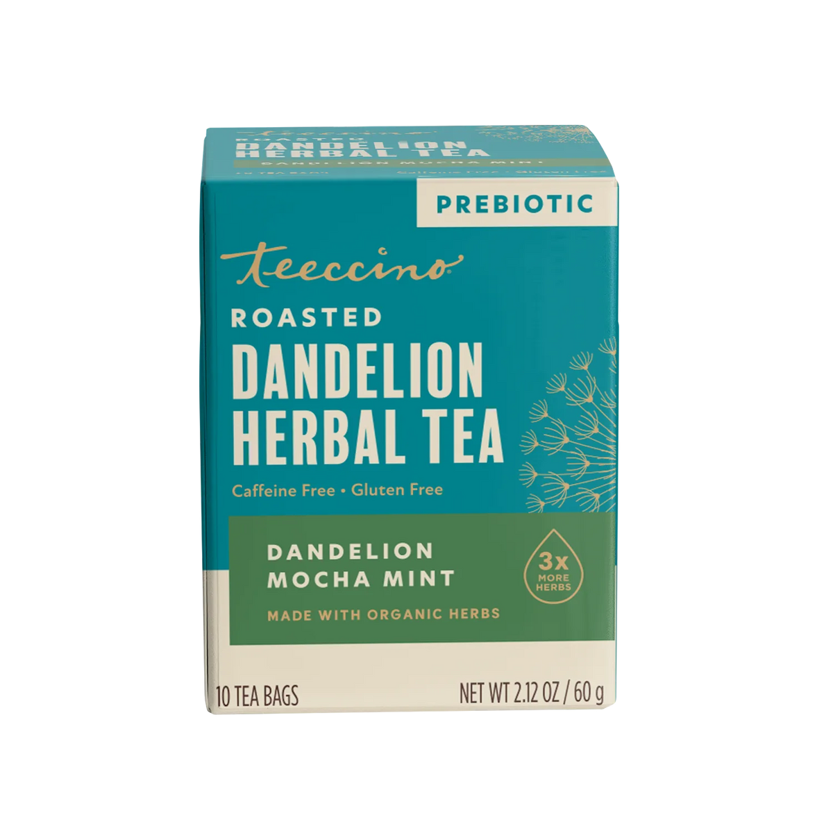 Teecino roasted dandelion herbal tea box, prebiotic, caffeine free, 10 tea bags