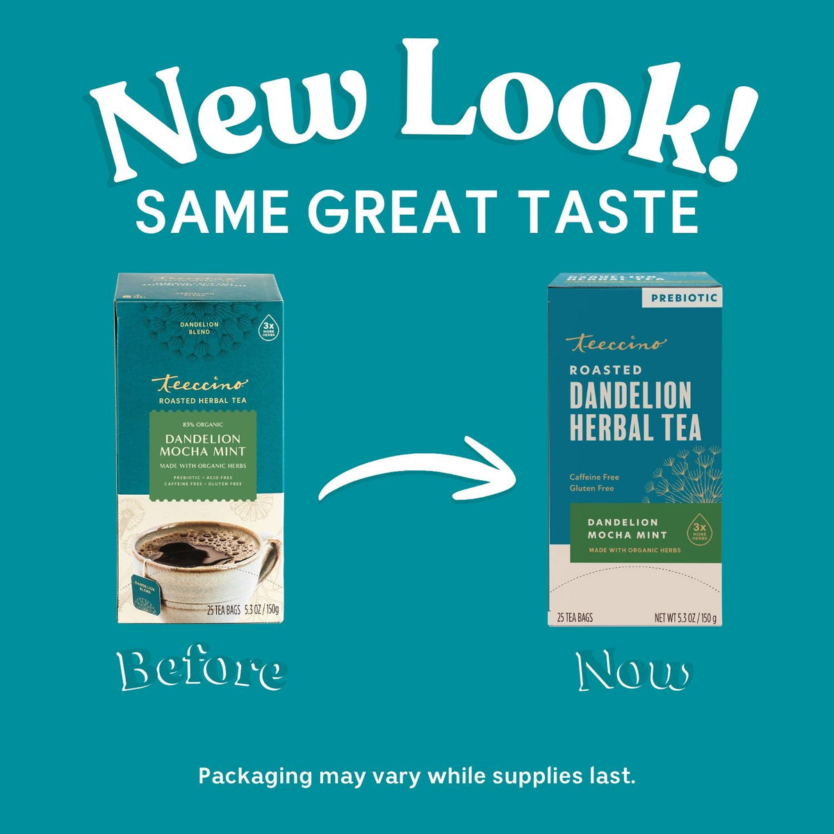 Teecino dandelion herbal tea packaging, before and now comparison