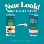 Roasted dandelion herbal tea package comparison showing before and now boxes