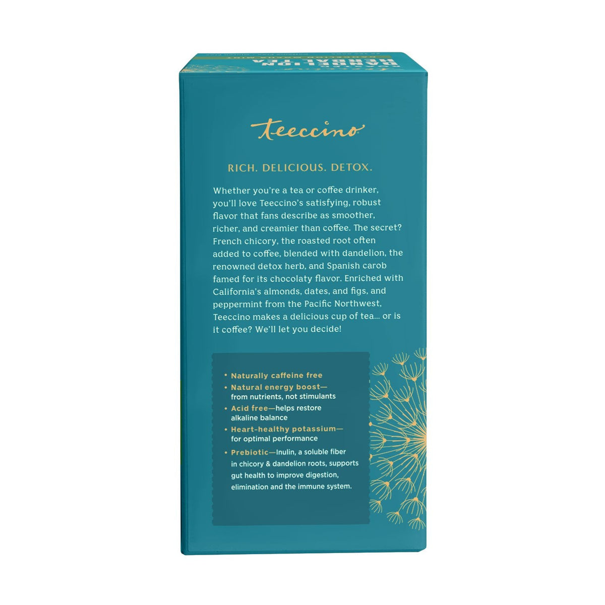 Teecino roasted dandelion herbal tea box back panel