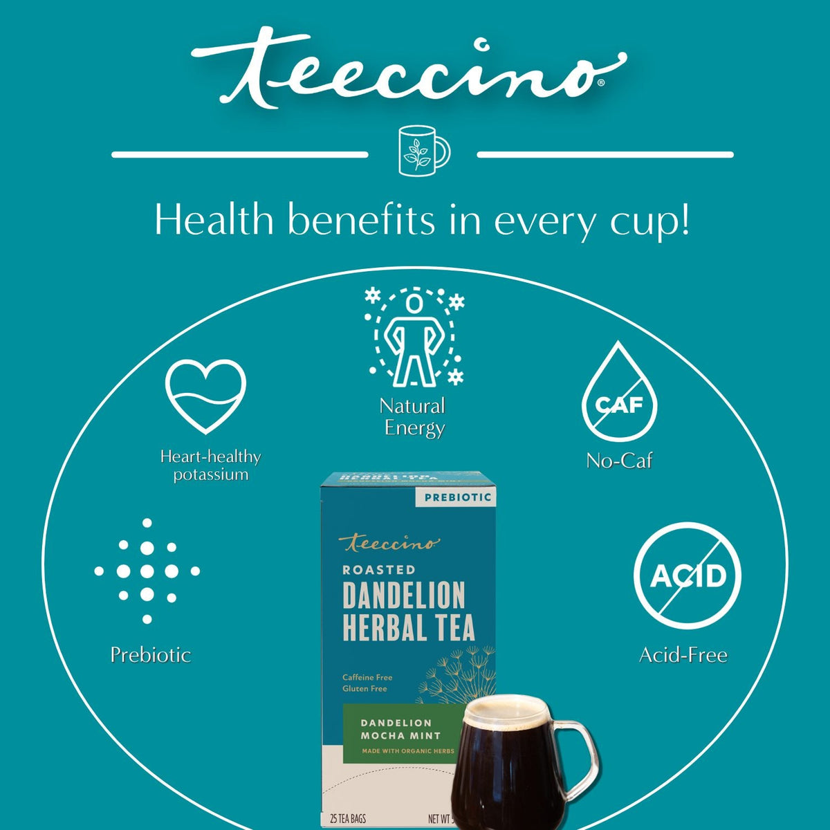 Teecino dandelion herbal tea box with mug and health-benefit icons