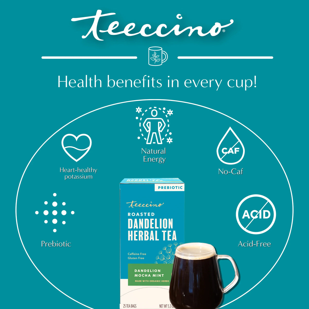 Teecino roasted dandelion herbal tea box with mug and prebiotic health icons