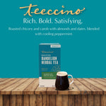 Teecino roasted dandelion herbal tea box with mug on wooden surface
