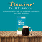 Teecino roasted dandelion herbal tea box with dark tea mug