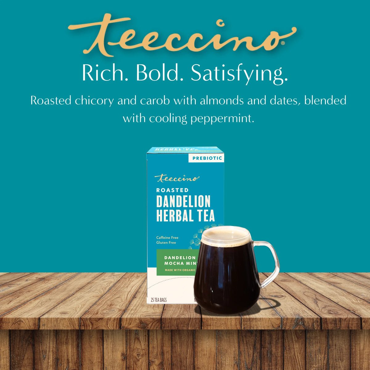 Teecino roasted dandelion herbal tea box with dark tea mug