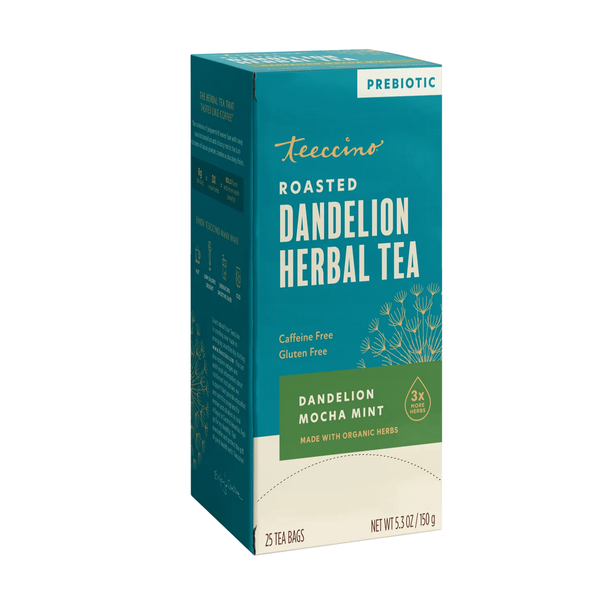Teecino roasted dandelion herbal tea box, prebiotic, mocha mint blend