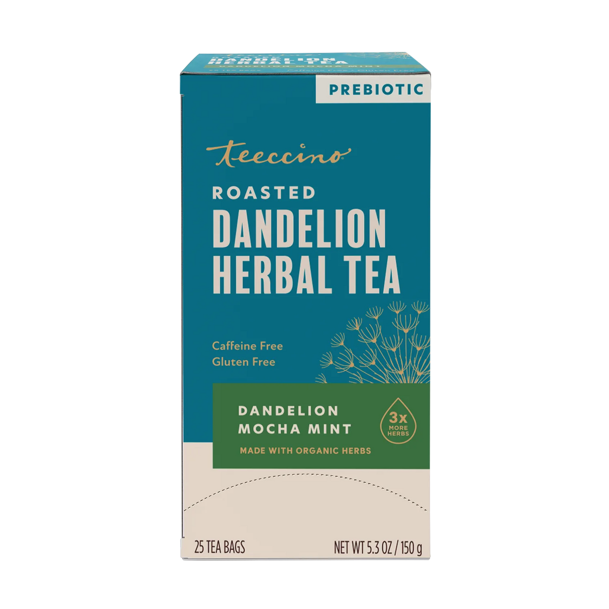 Teecino roasted dandelion herbal tea box, dandelion mocha mint, caffeine-free, 25 tea bags