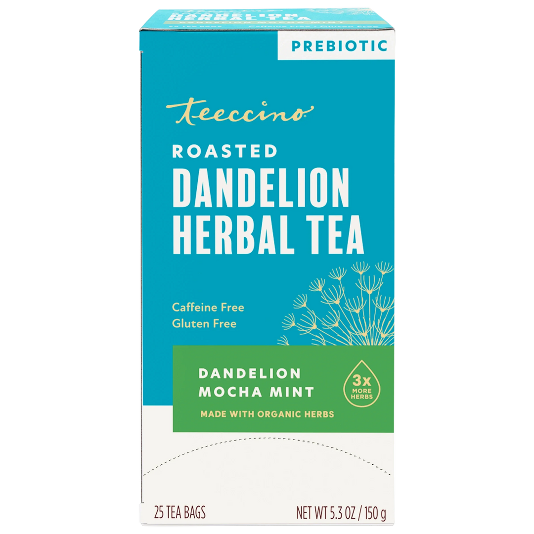 Teecino roasted dandelion herbal tea box, prebiotic, caffeine-free, 25 tea bags