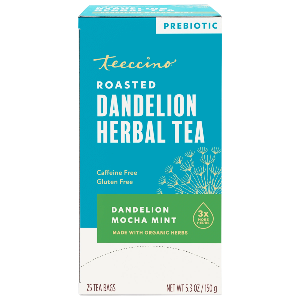 Teecino roasted dandelion herbal tea box, prebiotic, caffeine-free, 25 tea bags