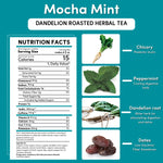 Roasted dandelion herbal tea nutrition facts with chichory, peppermint, dandelion root, dates