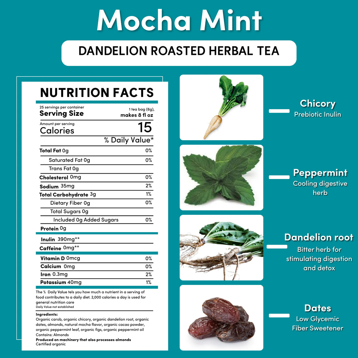 Roasted dandelion herbal tea nutrition facts with chichory, peppermint, dandelion root, dates