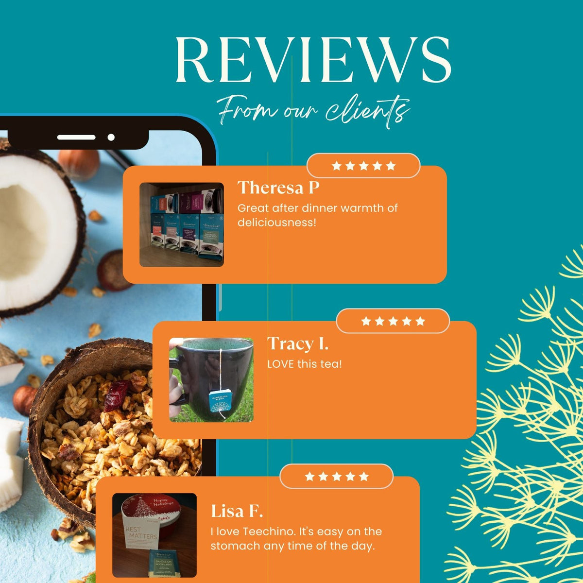 Teecino roasted dandelion herbal tea reviews graphic with tea bag product imagery
