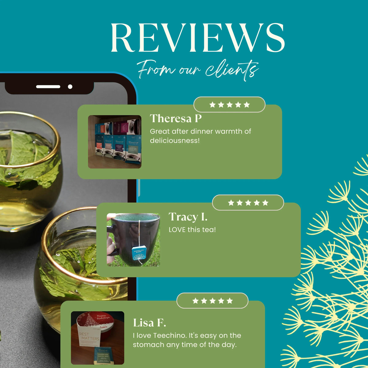 Teecino roasted dandelion herbal tea reviews graphic with tea bag product photos