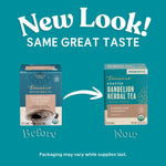 Roasted dandelion herbal tea packages, before and now comparison with arrow