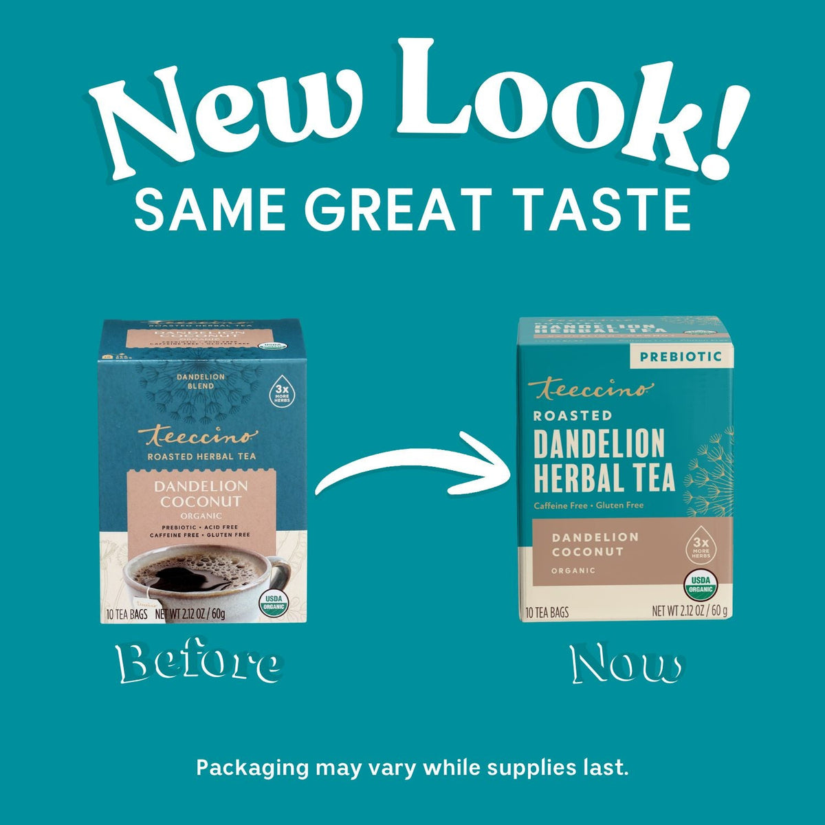 Roasted dandelion herbal tea packages, before and now comparison with arrow