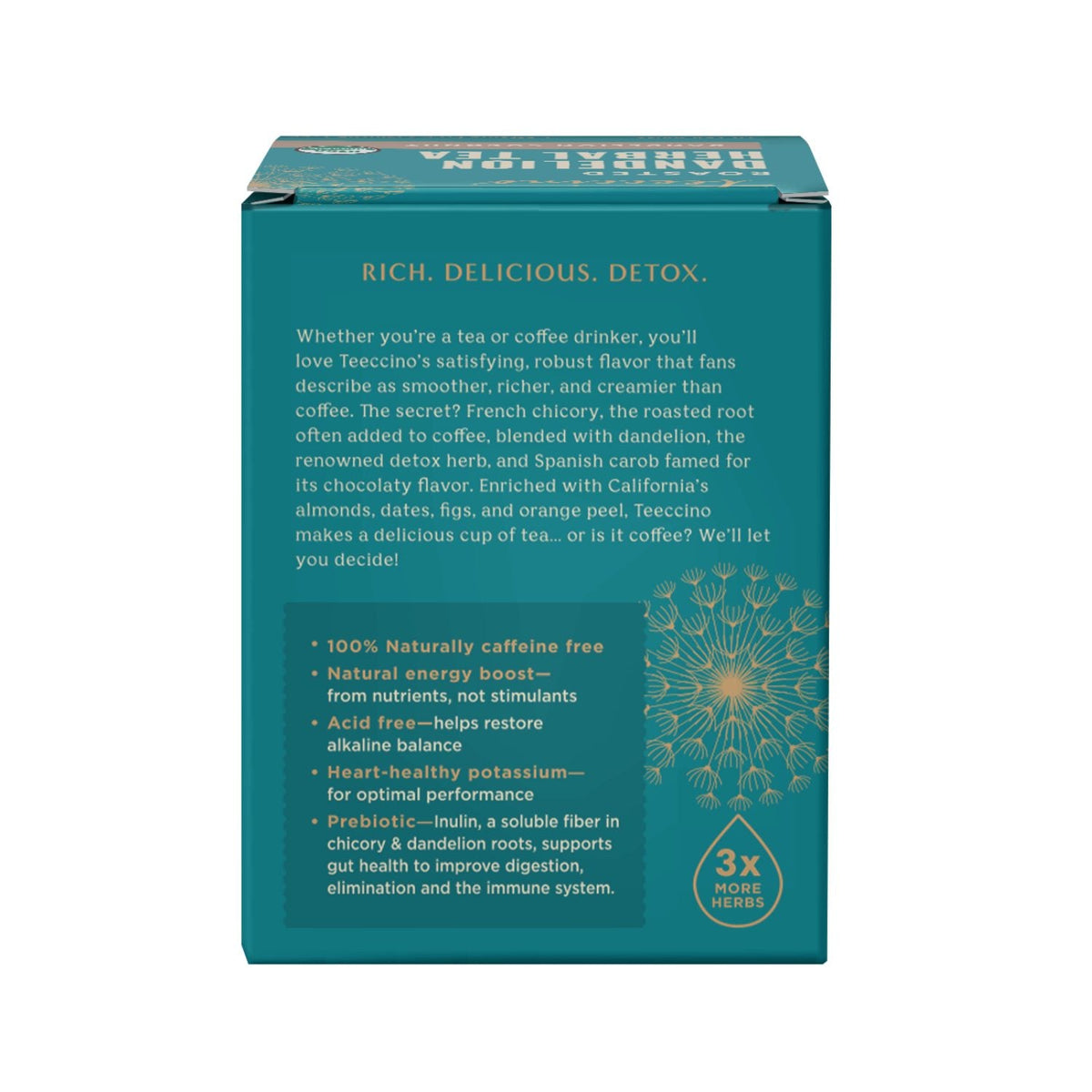 Roasted herbal tea carton back panel with product details and 3x more herbs