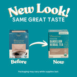 Roasted dandelion herbal tea packages, before and now comparison with arrow