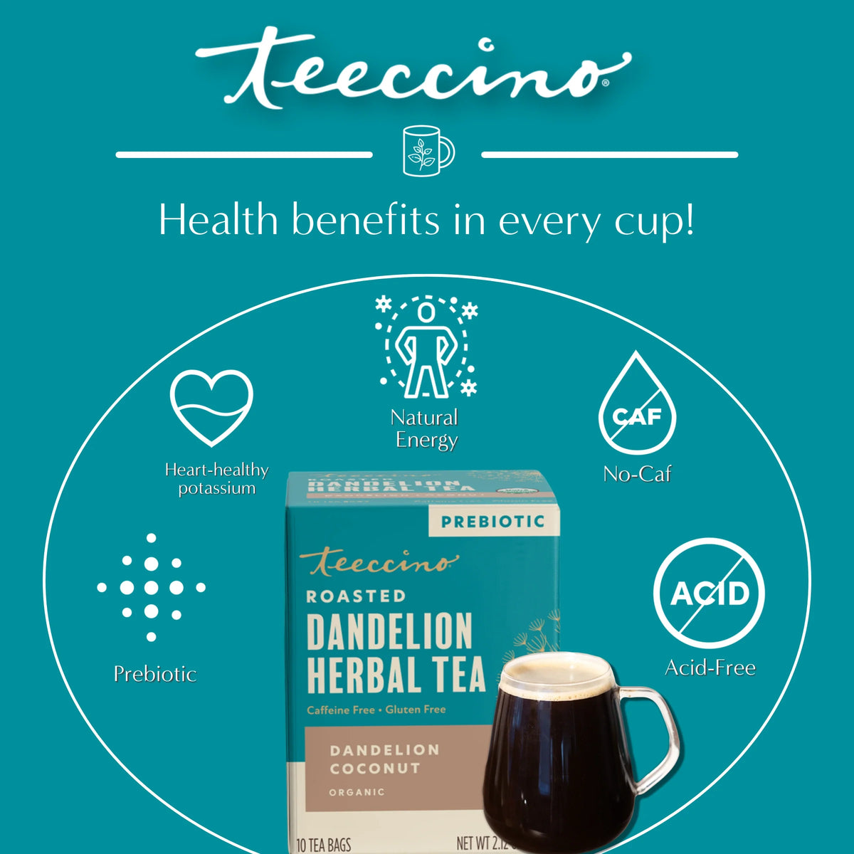Roasted dandelion herbal tea box with prebiotic benefits icons and dark brewed cup