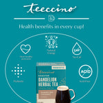 Roasted dandelion herbal tea box with prebiotic label and dark brewed cup