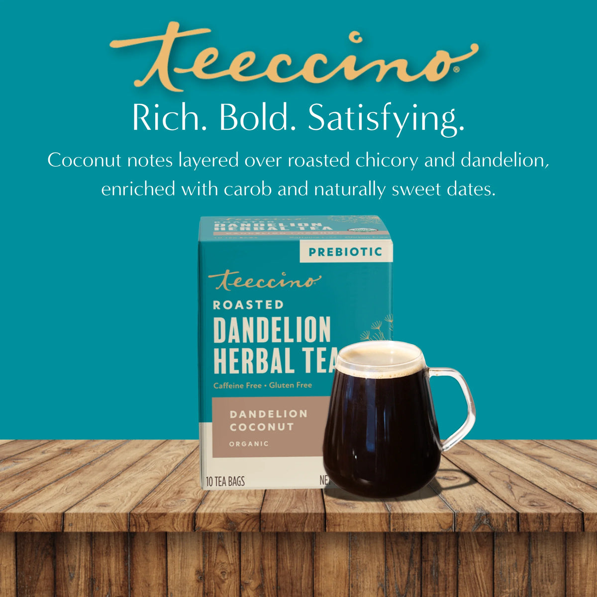 Roasted dandelion herbal tea box and dark brewed mug, prebiotic label, dandelion coconut