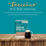 Roasted dandelion herbal tea box with dandelion coconut label and brewed mug