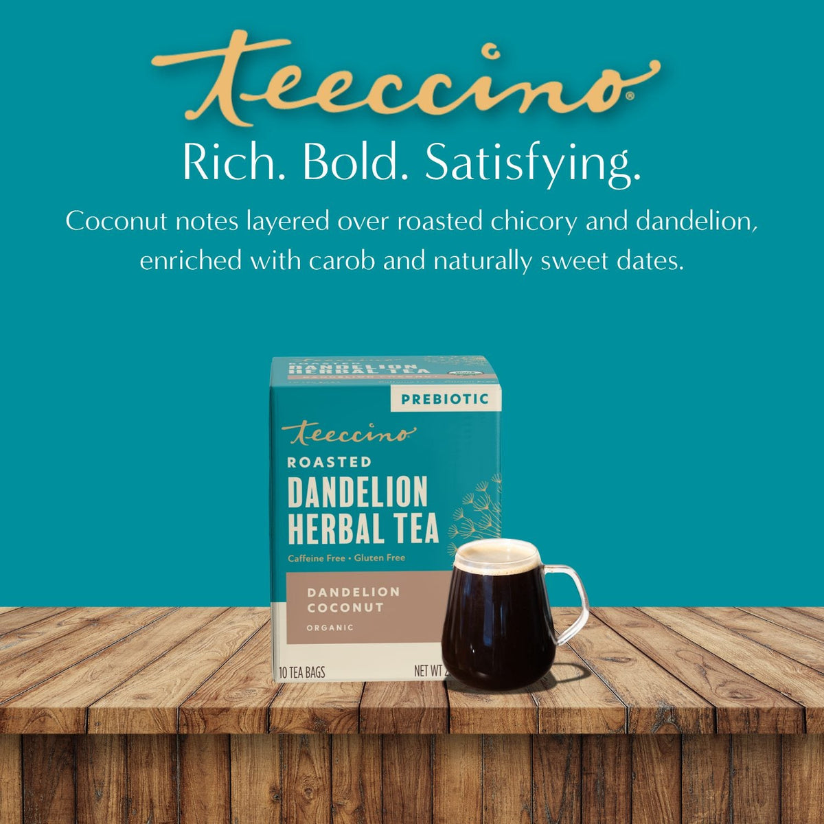Roasted dandelion herbal tea box with dandelion coconut label and brewed mug