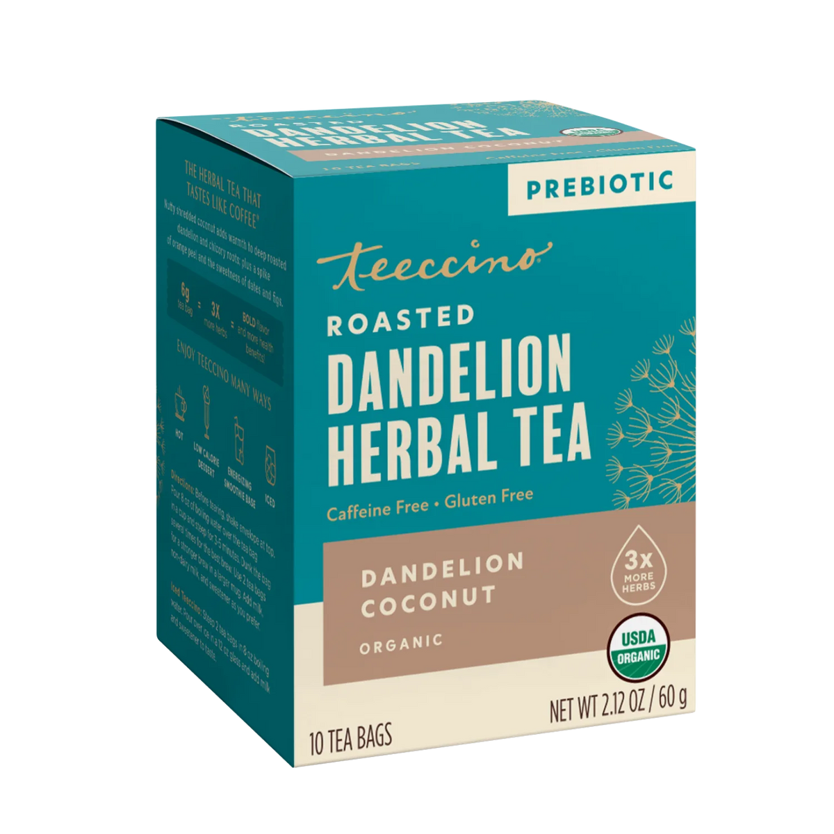 Roasted dandelion herbal tea box with prebiotic label, organic, 10 tea bags