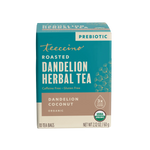 Roasted dandelion herbal tea box, prebiotic label, dandelion coconut, 10 tea bags