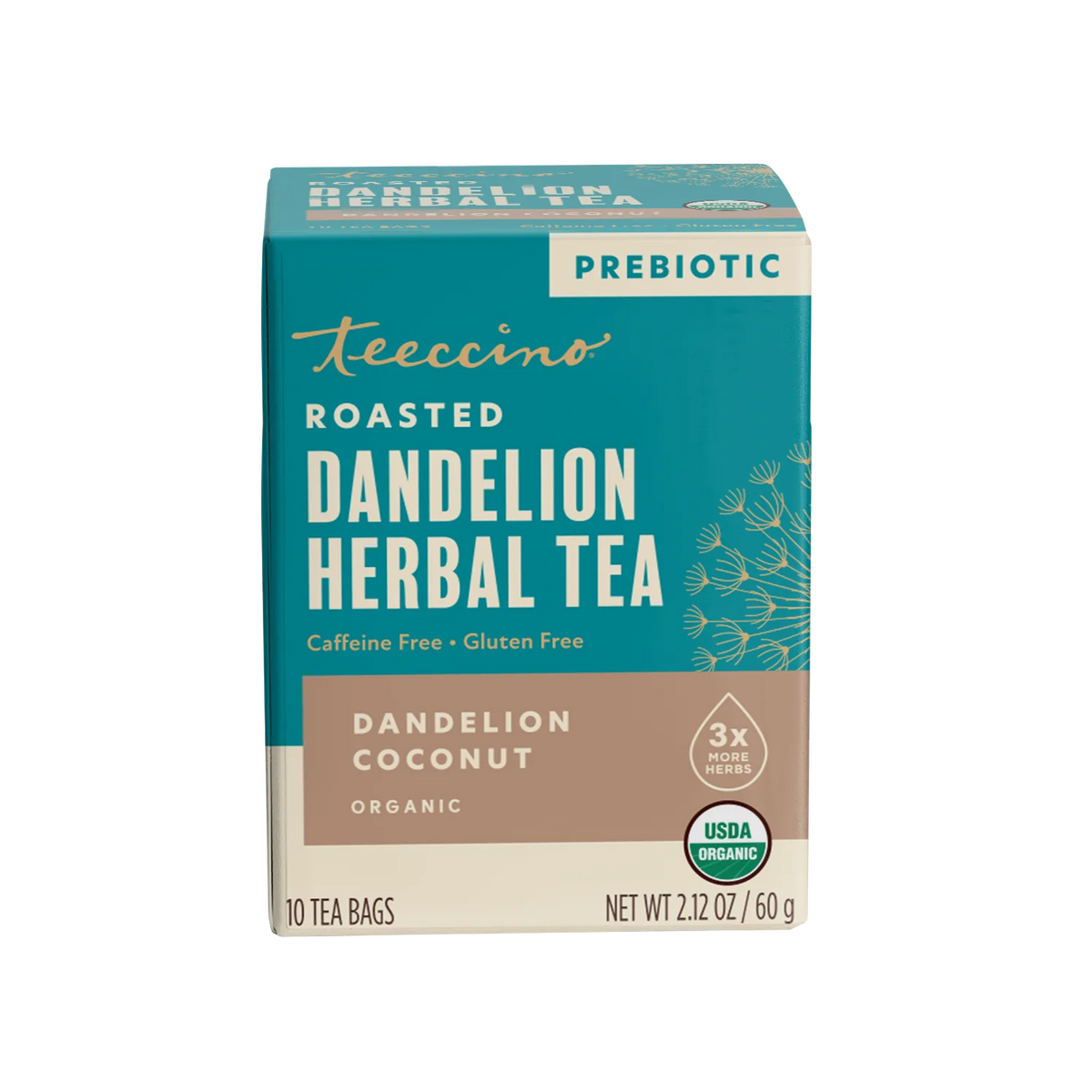Roasted dandelion herbal tea box, prebiotic label, dandelion coconut, 10 tea bags