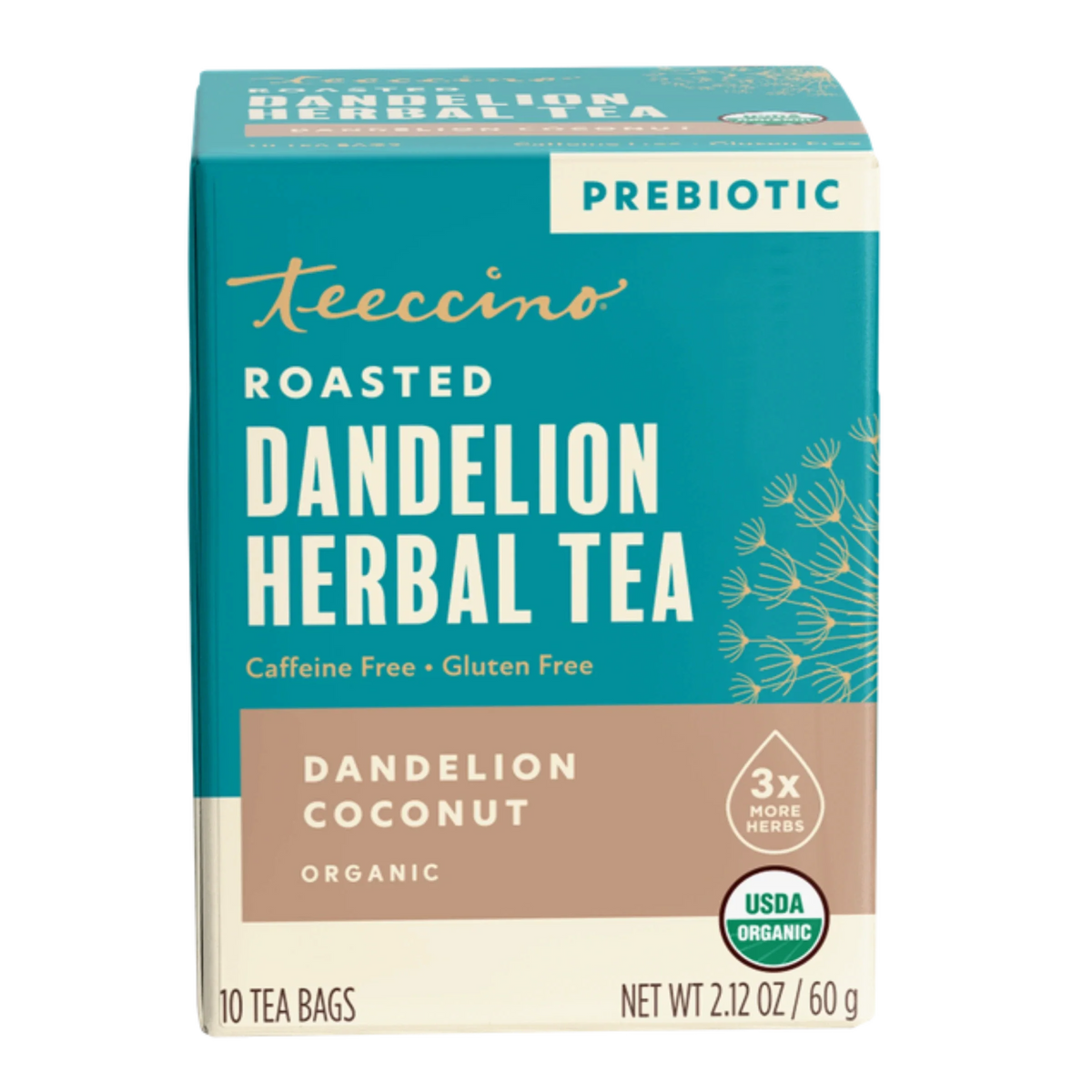 Roasted dandelion herbal tea box with prebiotic, organic dandelion coconut, 10 tea bags
