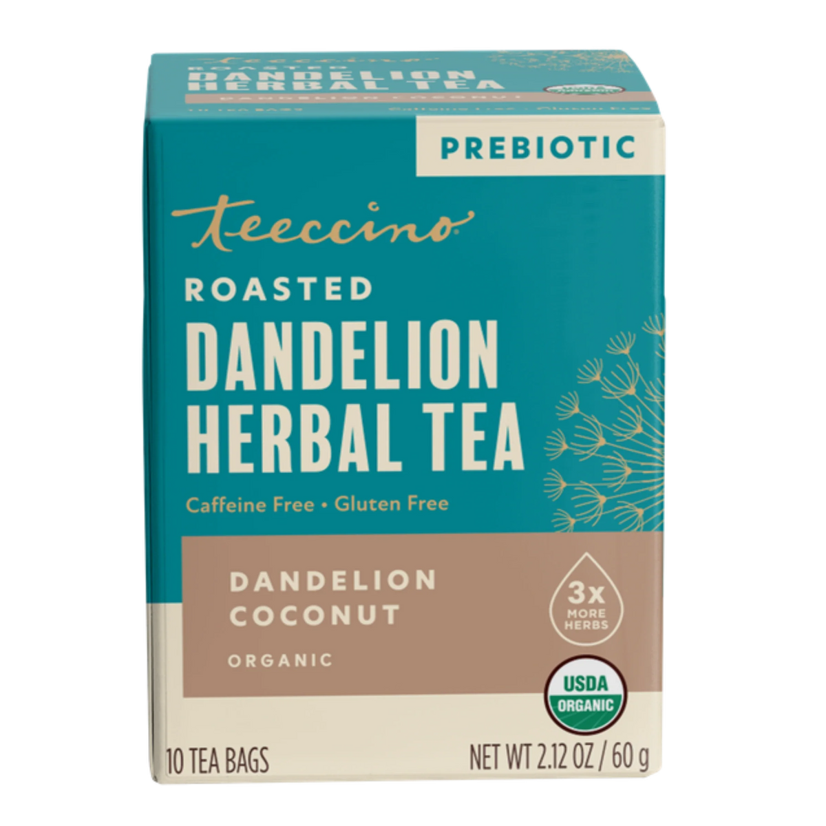 teeccino prebiotic roasted dandelion herbal tea box, dandelion coconut organic, 10 tea bags