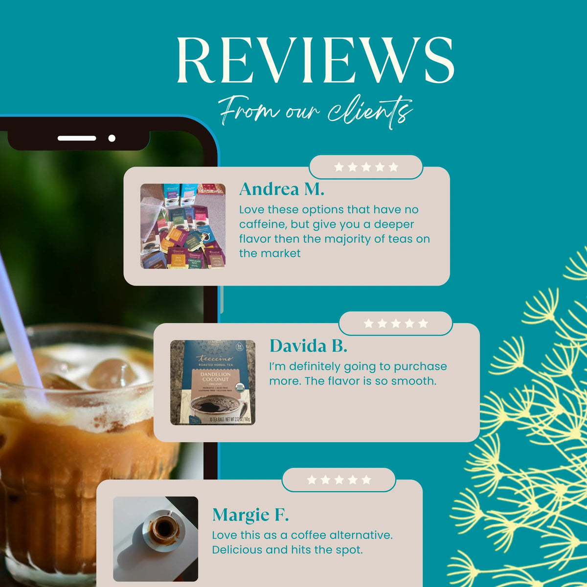 Reviews graphic with three customer quote cards and star ratings on teal