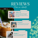 Reviews graphic with three customer quote cards and star ratings on teal