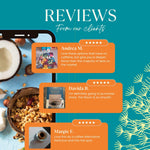 Customer reviews graphic showing roasted dandelion herbal tea packaging and star ratings