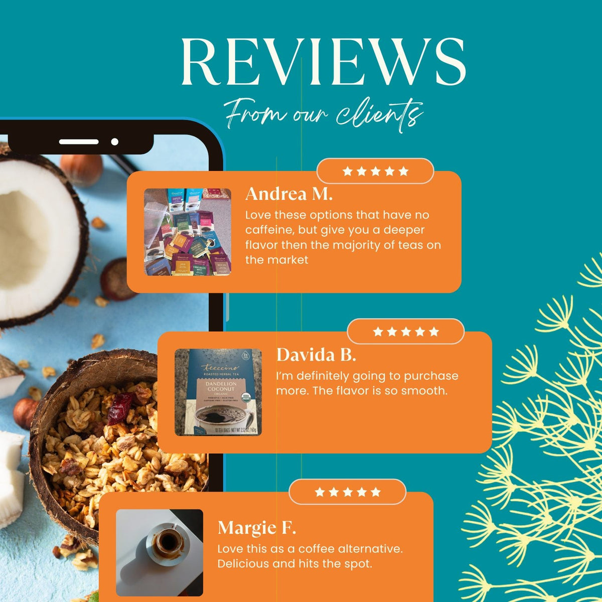Customer reviews graphic showing roasted dandelion herbal tea packaging and star ratings
