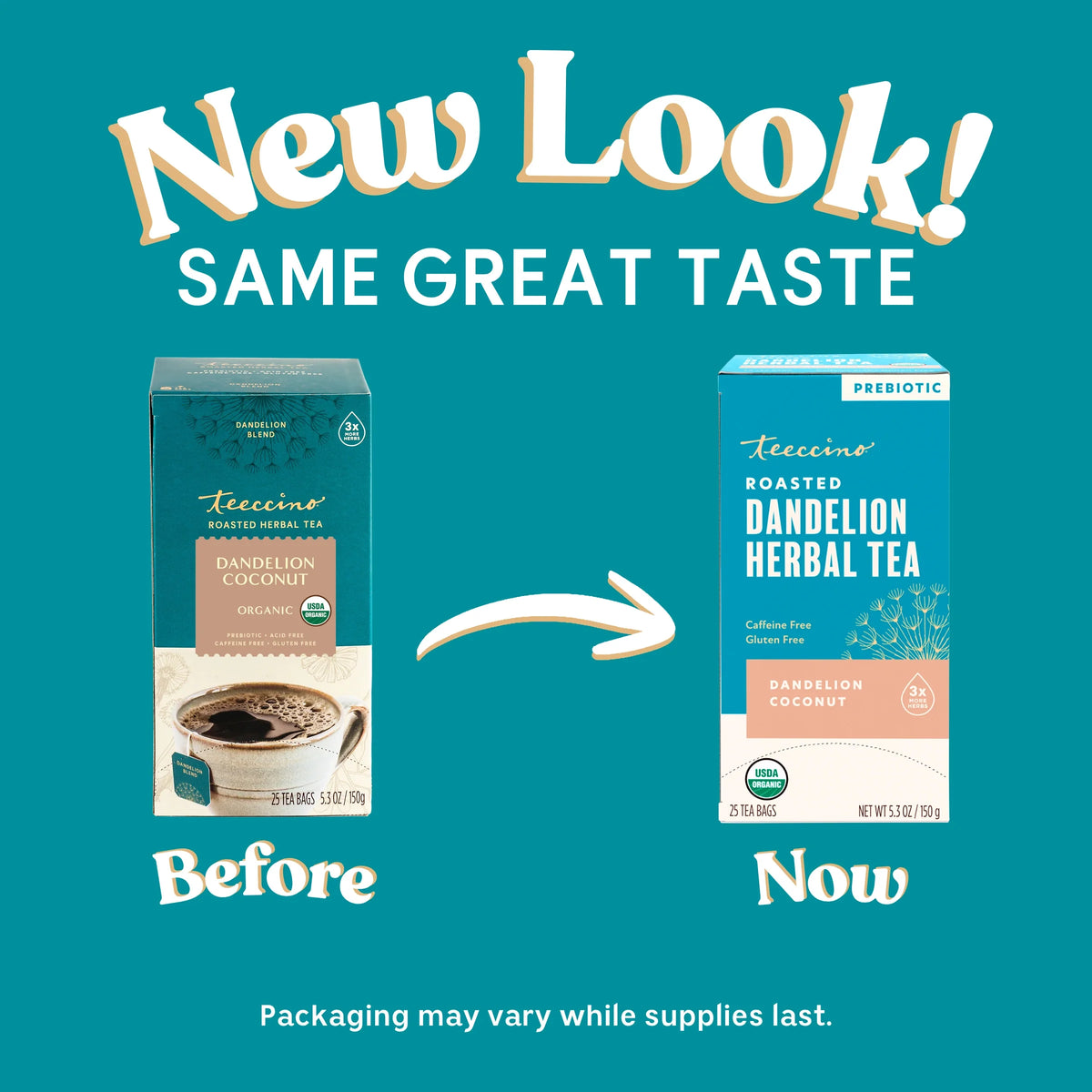 Dandelion coconut herbal tea box showing old vs new package design