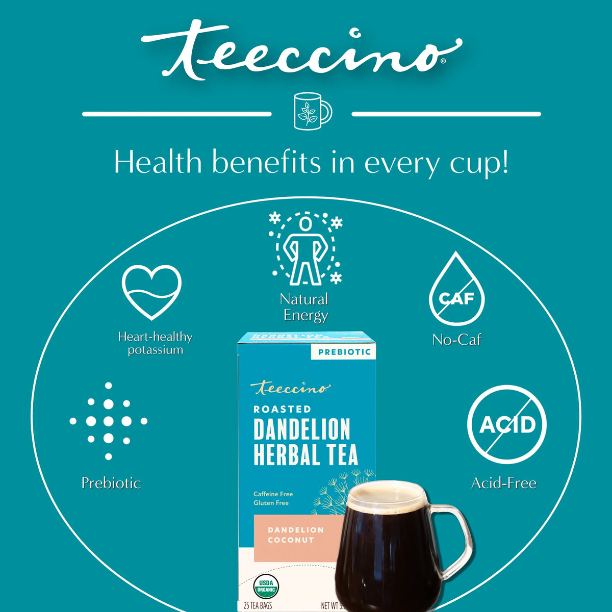Roasted dandelion herbal tea box with mug on health-benefits graphic, acid-free