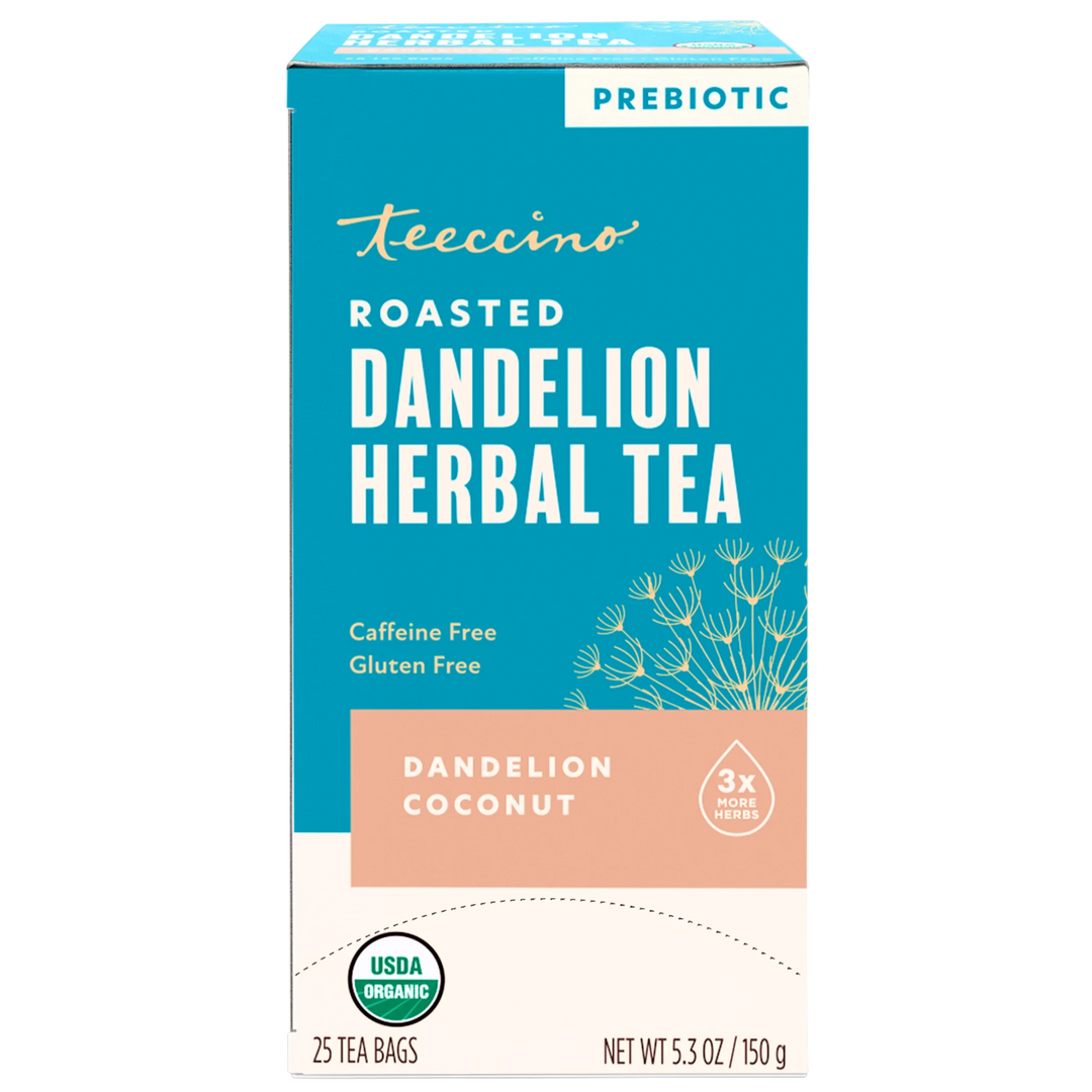 Roasted dandelion herbal tea box with prebiotic label, organic, 25 tea bags