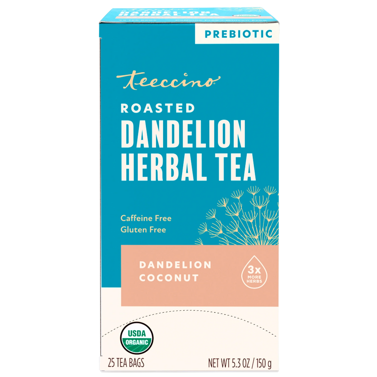 Roasted dandelion herbal tea box with prebiotic label, organic, 25 tea bags