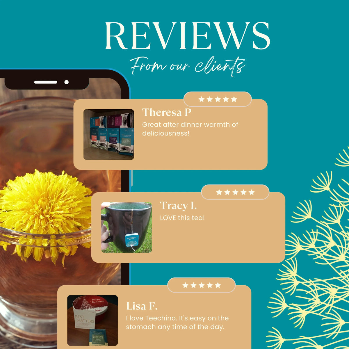 Reviews graphic with three customer quote cards and star ratings on teal