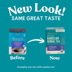 Dandelion herbal tea packaging before-and-now comparison graphic