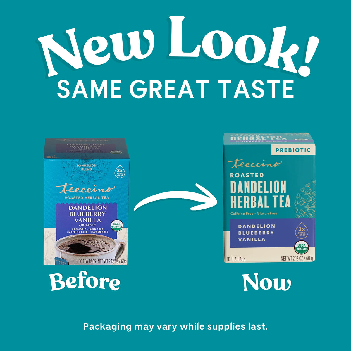 Dandelion herbal tea packaging before-and-now comparison graphic