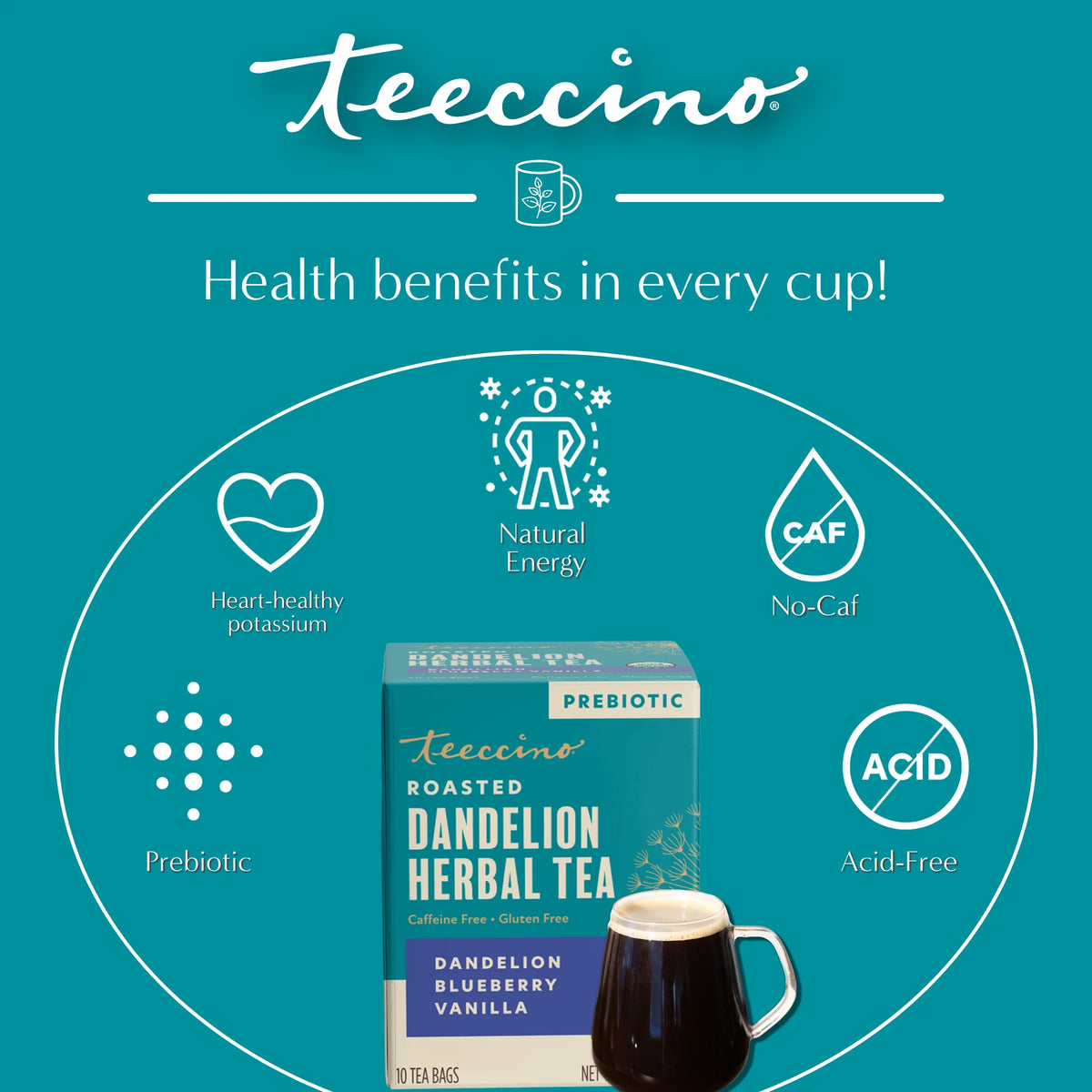 Prebiotic health benefits panel for roasted dandelion herbal tea with icons and cup