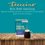 Roasted dandelion herbal tea box with cup, blueberry vanilla flavor on wooden surface