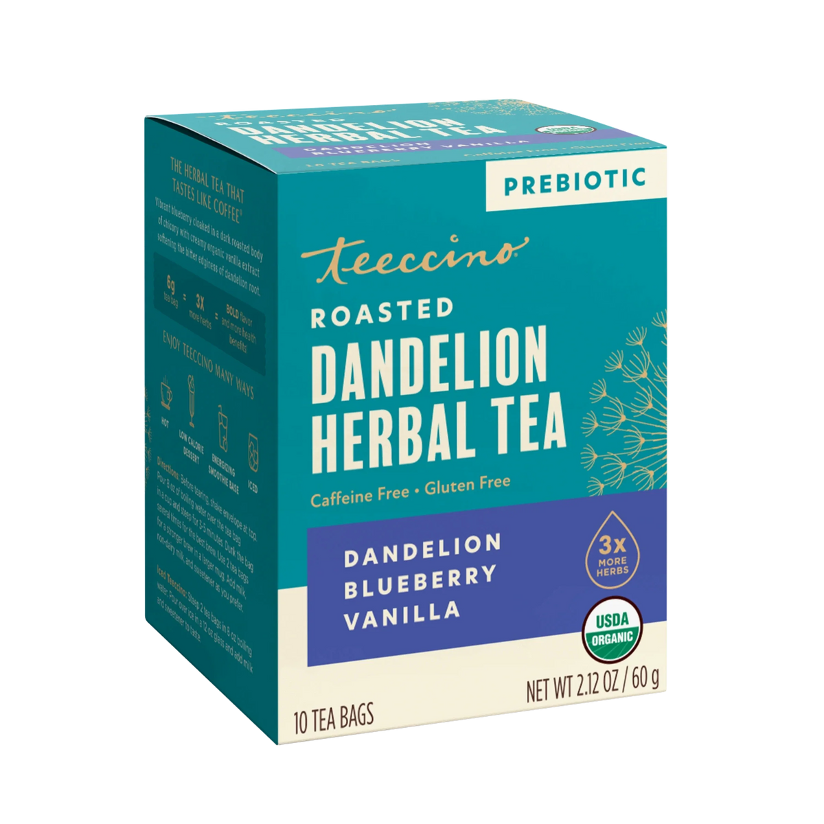 Roasted dandelion herbal tea box, prebiotic, dandelion blueberry vanilla, organic, 10 tea bags